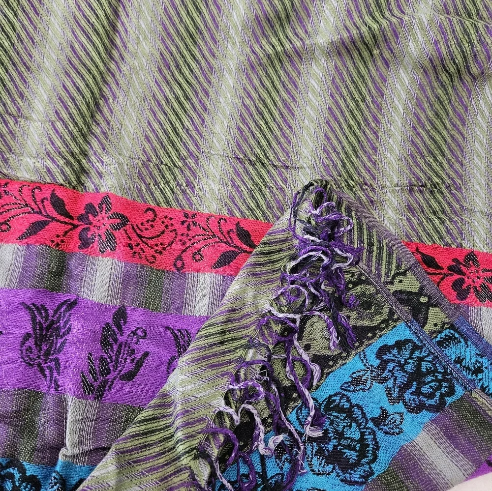 Long Scarf Purple Green With Colorful Stripes